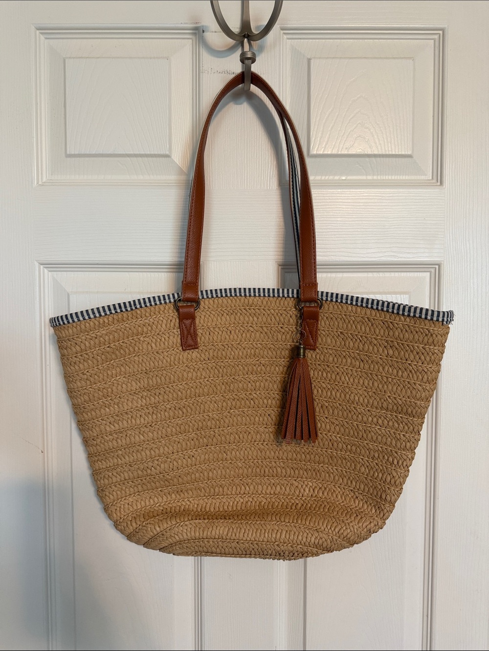 Woven Straw Tote Bag with Brown Leather Handles